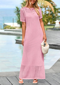 PRETTYGARDEN Womens Eyelet Cover Up Dress Summer Vacation Resort Maxi Dresses Beach Short Sleeve Hollow Out Sundress