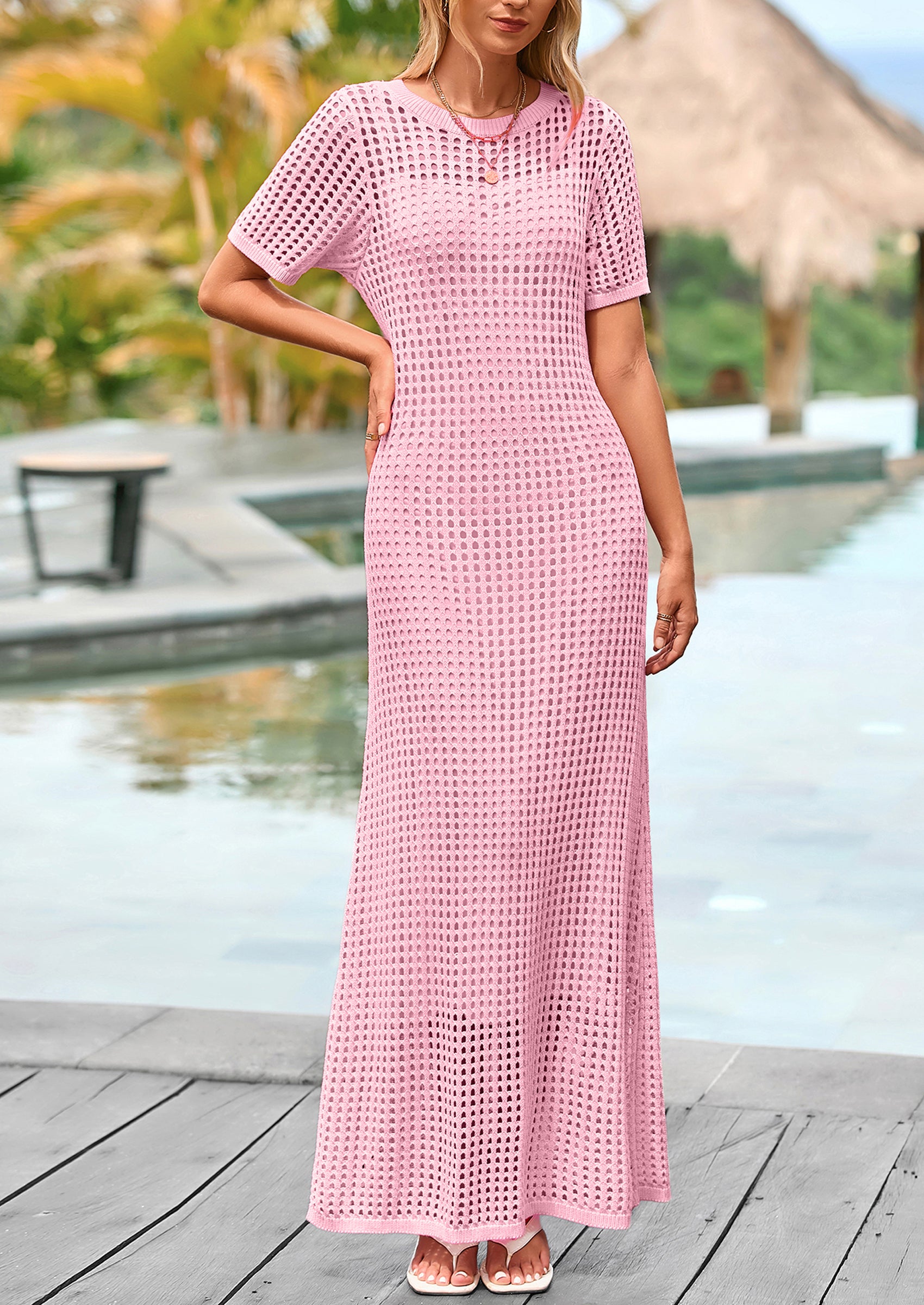 PRETTYGARDEN Womens Eyelet Cover Up Dress Summer Vacation Resort Maxi Dresses Beach Short Sleeve Hollow Out Sundress