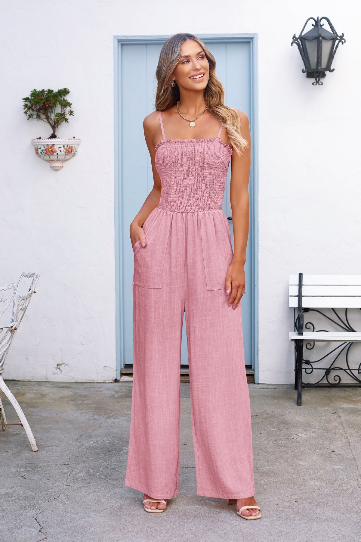 Linen Smocked Spaghetti Strap Pockets Wide Leg Rompers