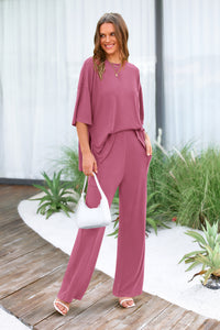 Short Sleeve Pullover Tops And Wide Leg Pants Lounge Set