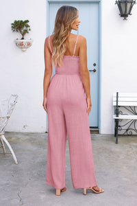 Linen Smocked Spaghetti Strap Pockets Wide Leg Rompers