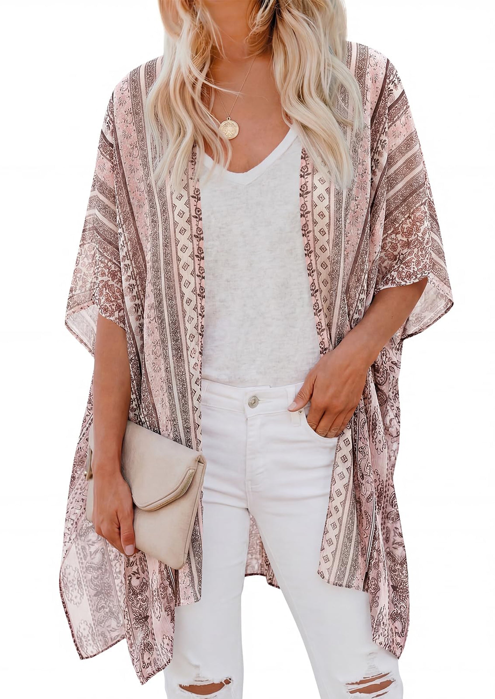 PRETTYGARDEN Summer Kimonos for Women Boho Floral Short Sleeve Kimono Cardigans Swimsuit Beach Cover Ups for Women Swimwear PRETTYGARDEN