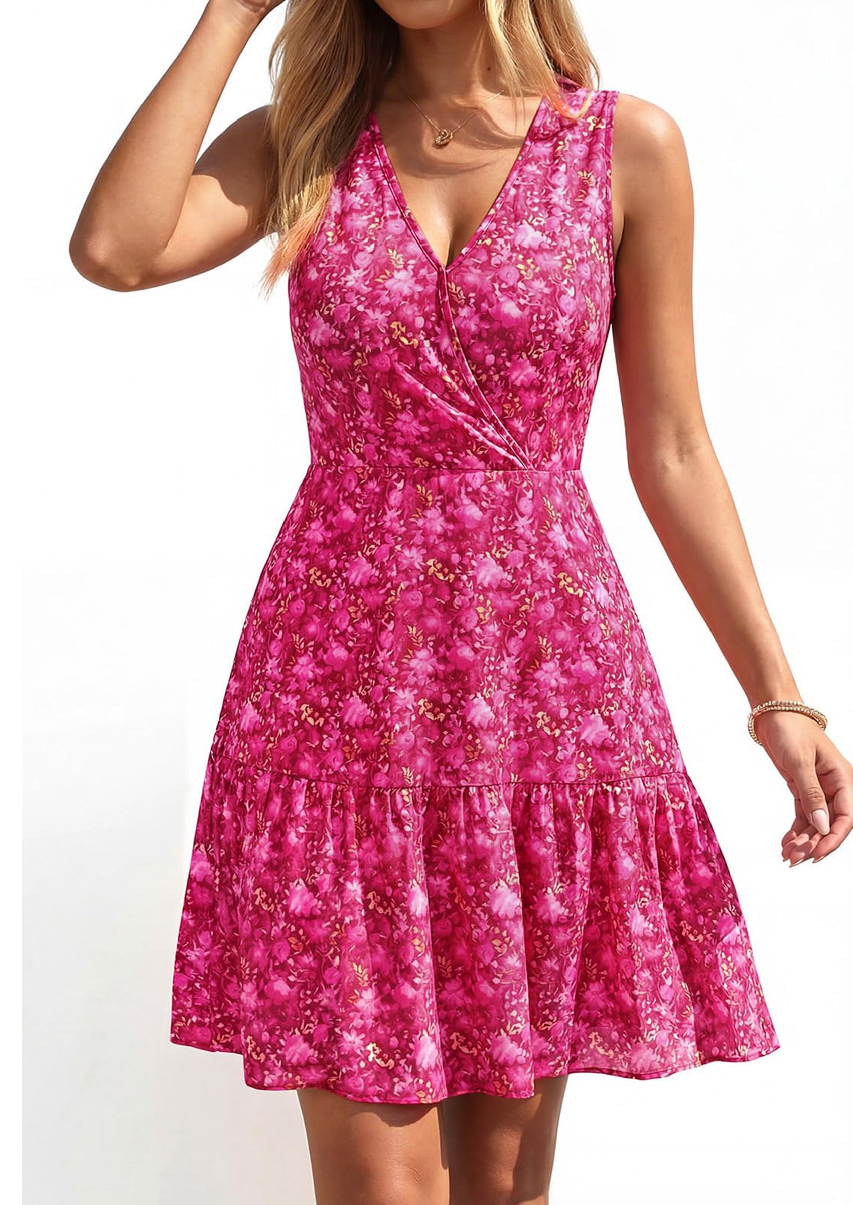 PRETTYGARDEN Sundresses for Women Summer Boho Sleeveless Wrap V Neck Floral Mini Dress Beach Vacation Short Dresses
