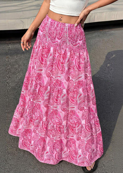 PRETTYGARDEN Floral Summer Boho Maxi Skirts for Women Smocked Elastic Waist Pleated Tiered Vacation Flowy Long Skirt PRETTYGARDEN