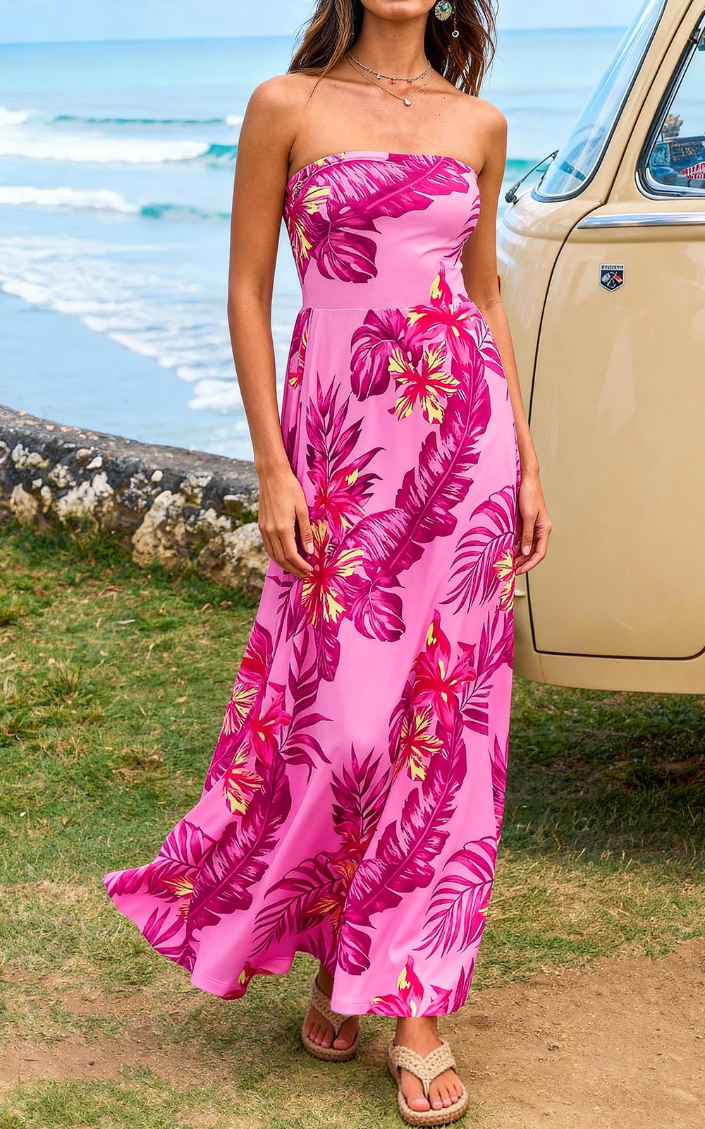 PRETTYGARDEN Sleeveless Floral Summer Maxi Dresses for Women Tube Top Flowy Long Dress Tropical Beach Vacation Clothes PRETTYGARDEN