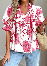 PRETTYGARDEN Womens Summer Tops Cute Puff Sleeve Ruffle V Neck Babydoll T-Shirts Boho Floral Spring Peplum Shirts PRETTYGARDEN