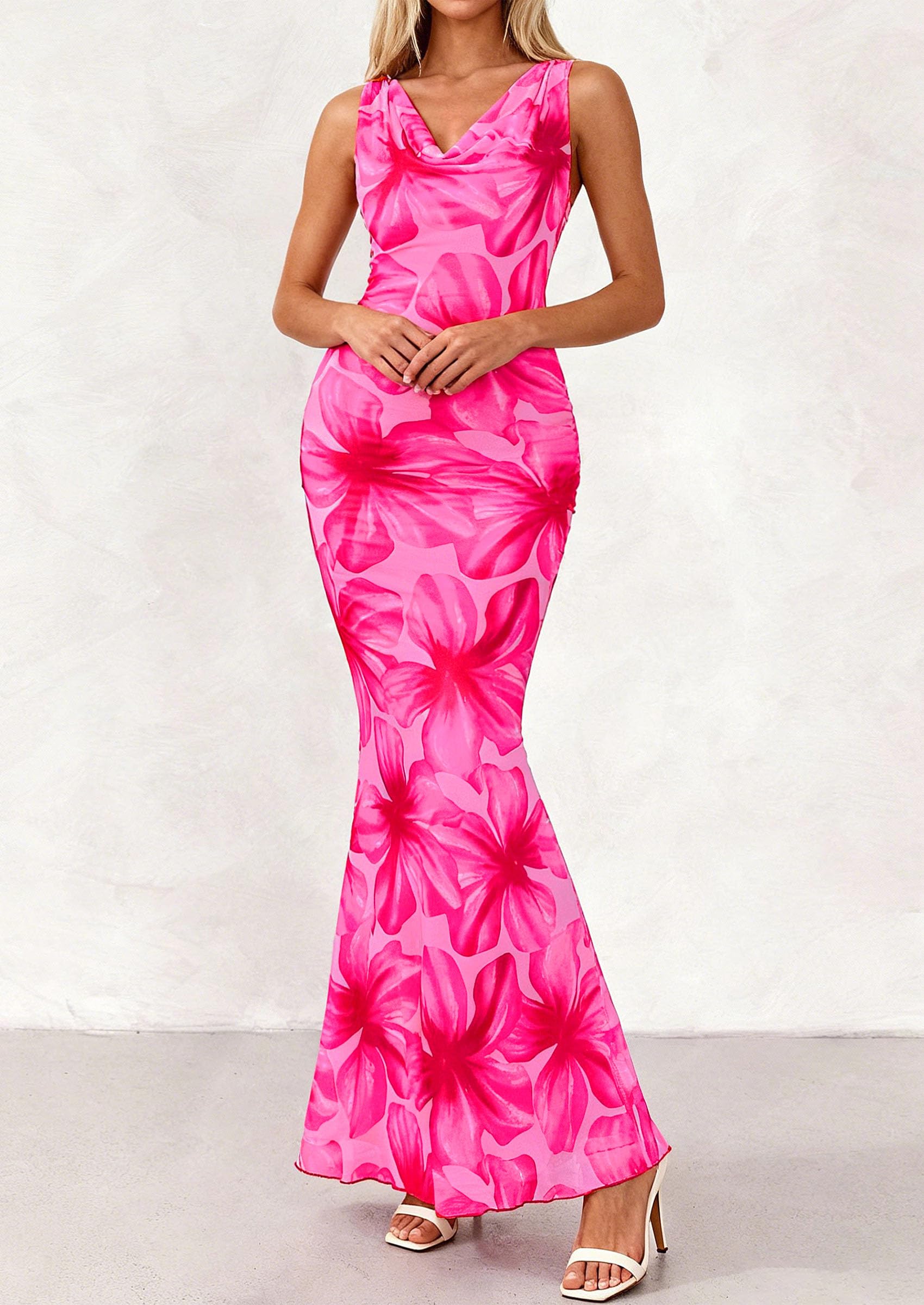 PRETTYGARDEN Women's Summer Cowl Neck Floral Maxi Dress Sleeveless Bodycon Beach Vacation Long Party Wedding Guest Dresses PRETTYGARDEN