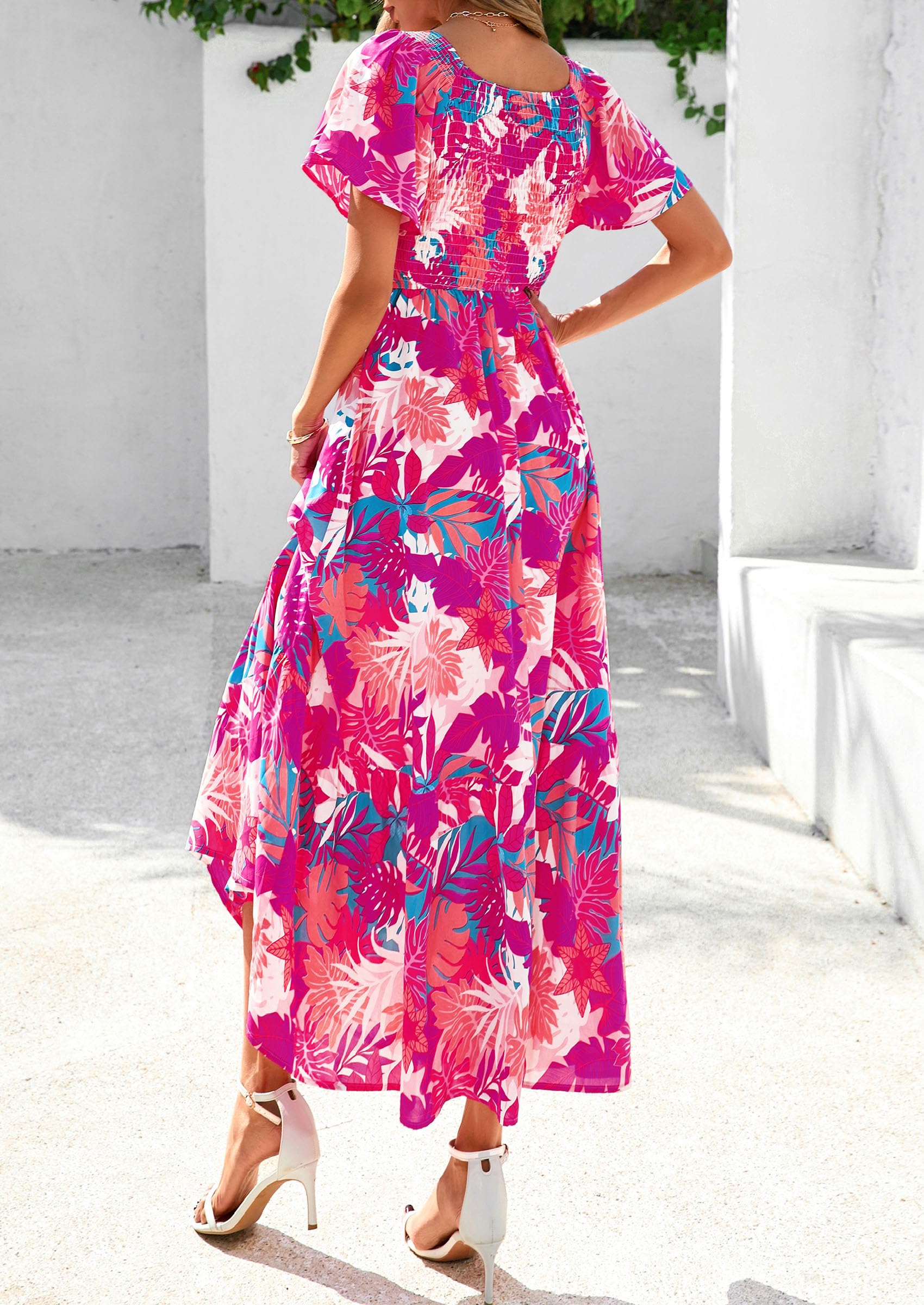 PRETTYGARDEN Women Floral Boho Maxi Dresses Short Sleeve V Neck Smocked A Line Long Flowy Beach Vacation Dress