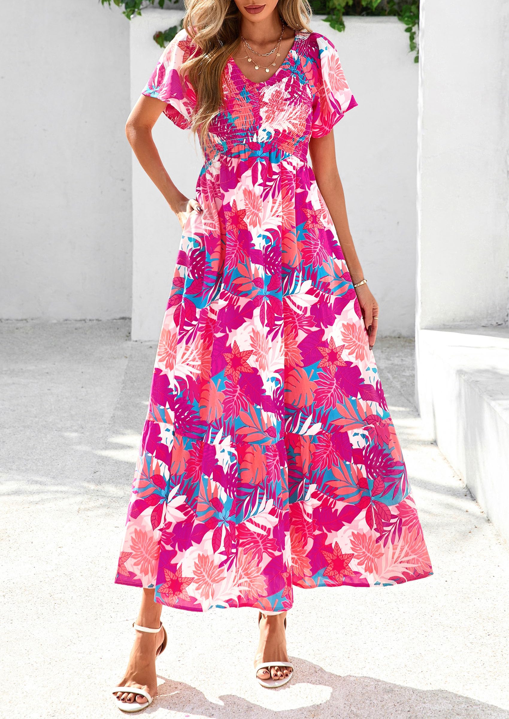 PRETTYGARDEN Women Floral Boho Maxi Dresses Short Sleeve V Neck Smocked A Line Long Flowy Beach Vacation Dress