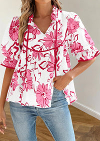 PRETTYGARDEN Womens Summer Tops Cute Puff Sleeve Ruffle V Neck Babydoll T-Shirts Boho Floral Spring Peplum Shirts PRETTYGARDEN