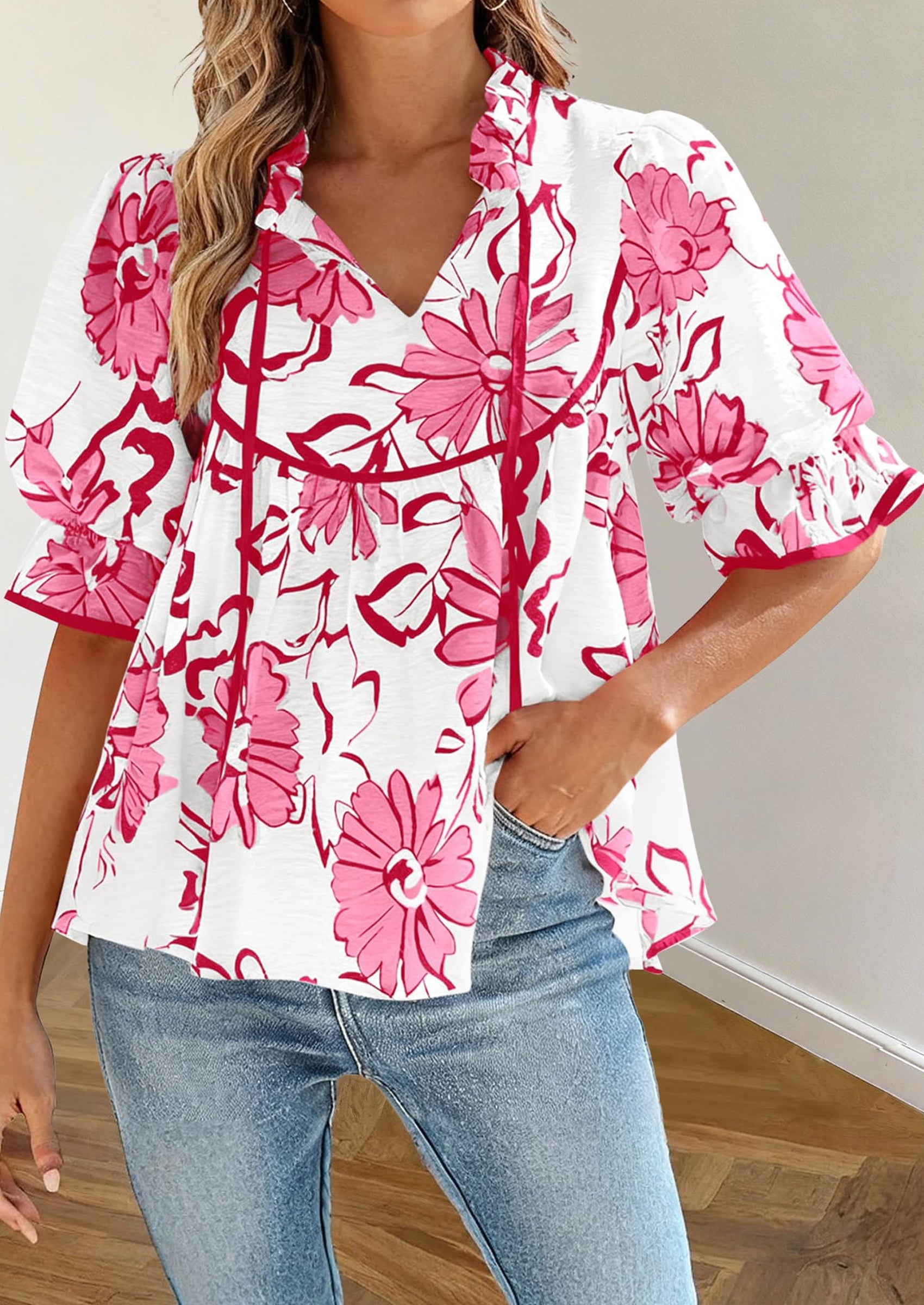 PRETTYGARDEN Womens Summer Tops Cute Puff Sleeve Ruffle V Neck Babydoll T-Shirts Boho Floral Spring Peplum Shirts PRETTYGARDEN