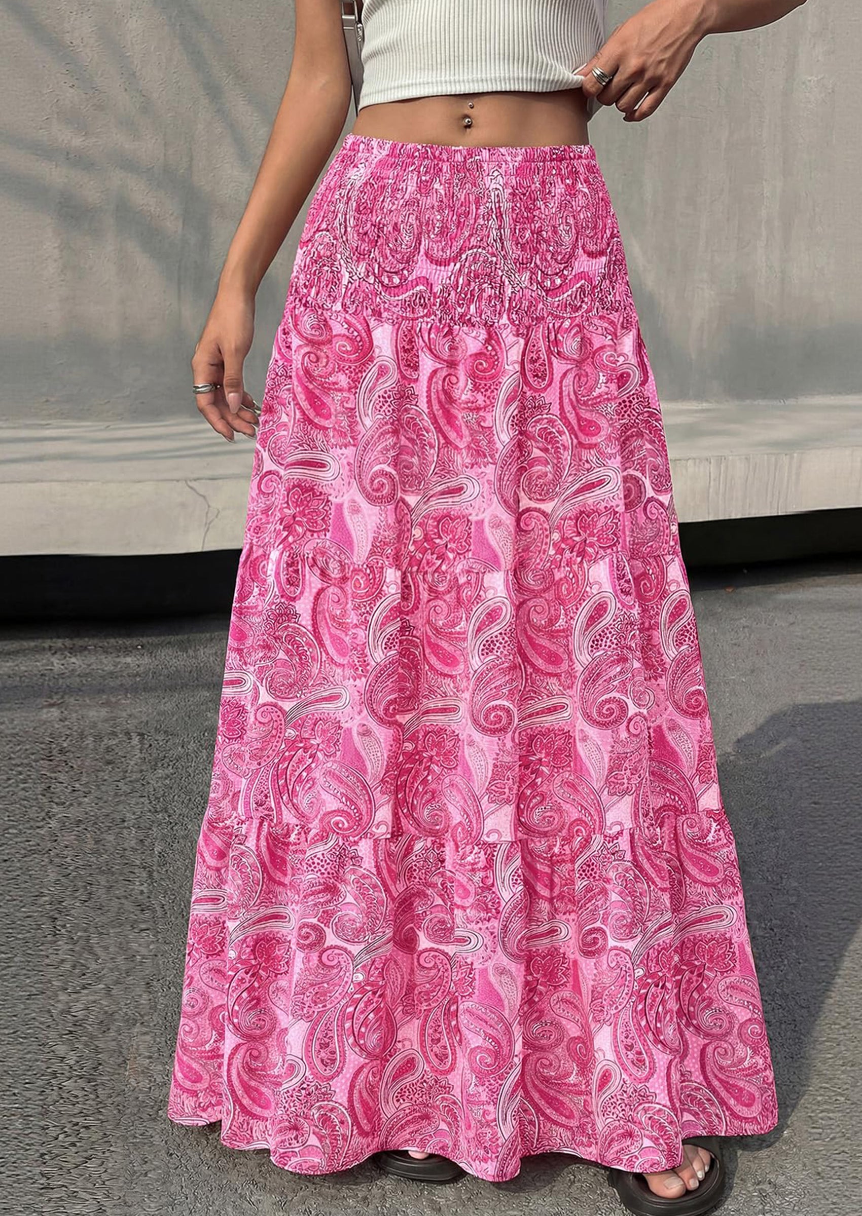 PRETTYGARDEN Floral Summer Boho Maxi Skirts for Women Smocked Elastic Waist Pleated Tiered Vacation Flowy Long Skirt PRETTYGARDEN