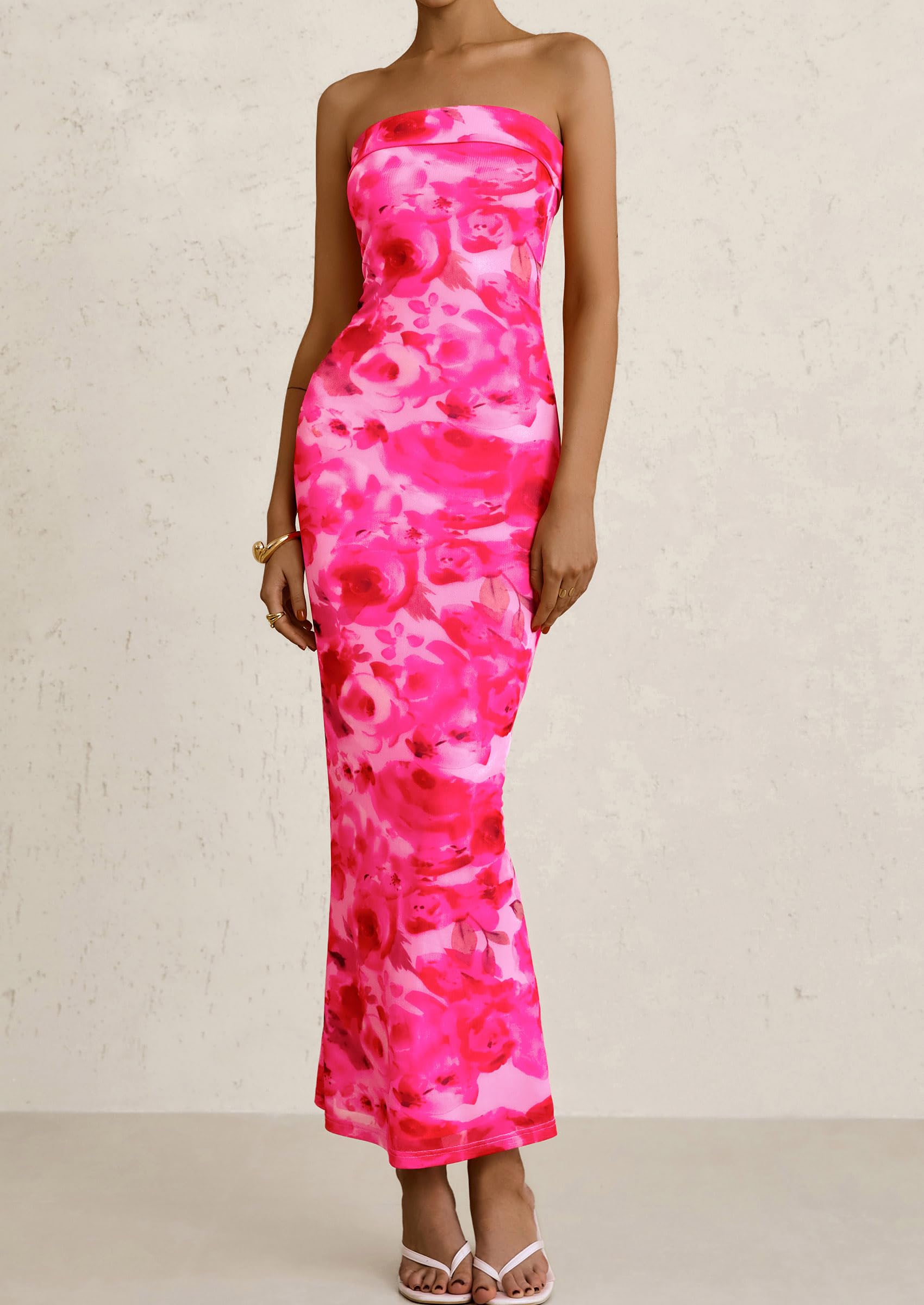 PRETTYGARDEN Womens Printed Tube Maxi Dress Strapless Bodycon Sleeveless Night Out Long Dresses