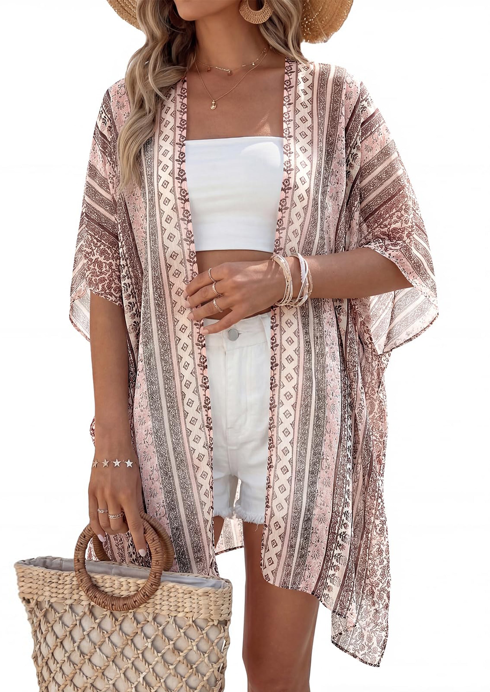 PRETTYGARDEN Summer Kimonos for Women Boho Floral Short Sleeve Kimono Cardigans Swimsuit Beach Cover Ups for Women Swimwear PRETTYGARDEN