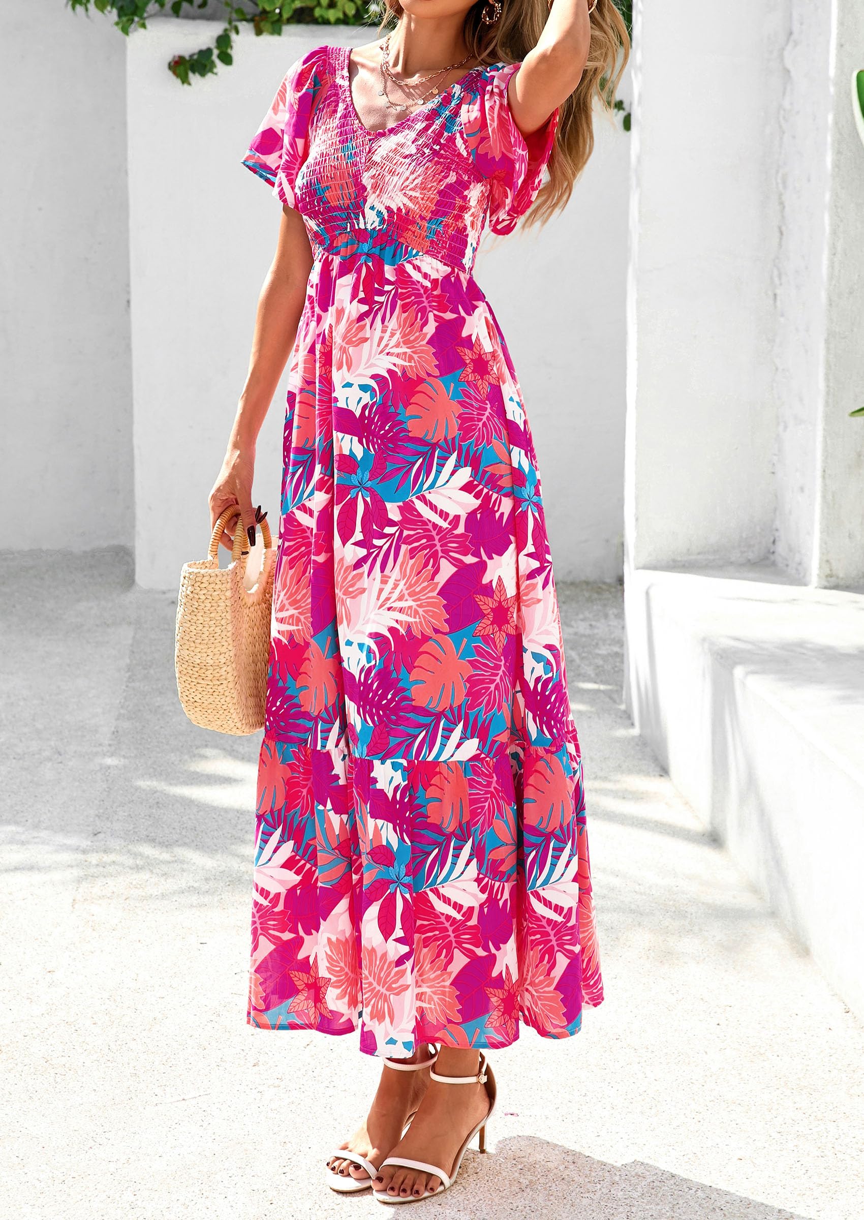 PRETTYGARDEN Women Floral Boho Maxi Dresses Short Sleeve V Neck Smocked A Line Long Flowy Beach Vacation Dress