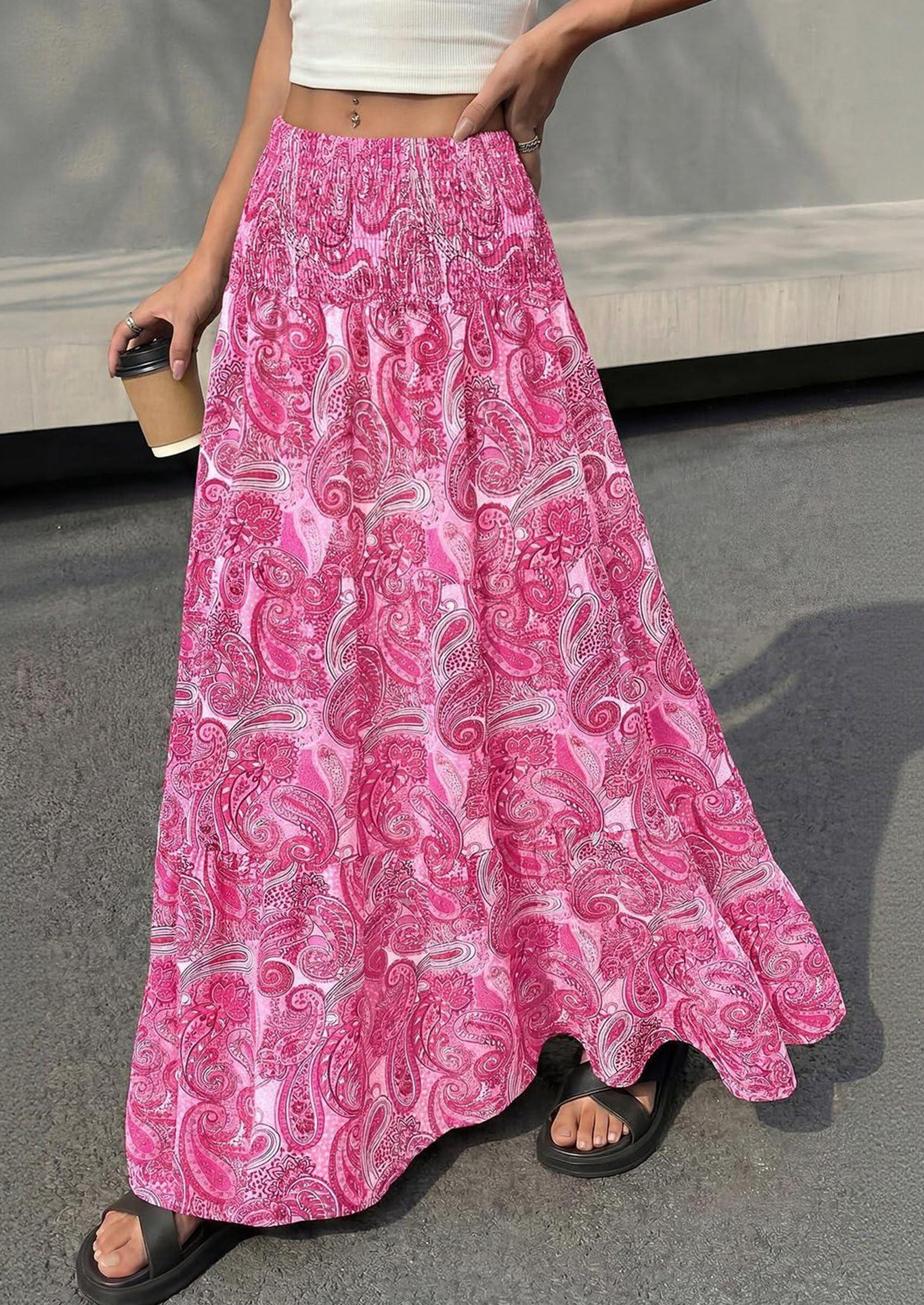 PRETTYGARDEN Floral Summer Boho Maxi Skirts for Women Smocked Elastic Waist Pleated Tiered Vacation Flowy Long Skirt PRETTYGARDEN