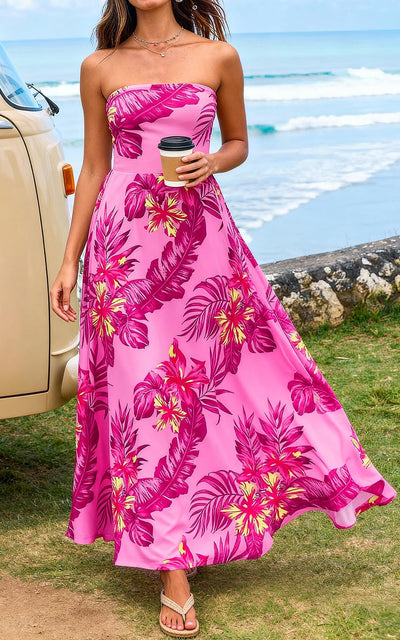 PRETTYGARDEN Sleeveless Floral Summer Maxi Dresses for Women Tube Top Flowy Long Dress Tropical Beach Vacation Clothes PRETTYGARDEN