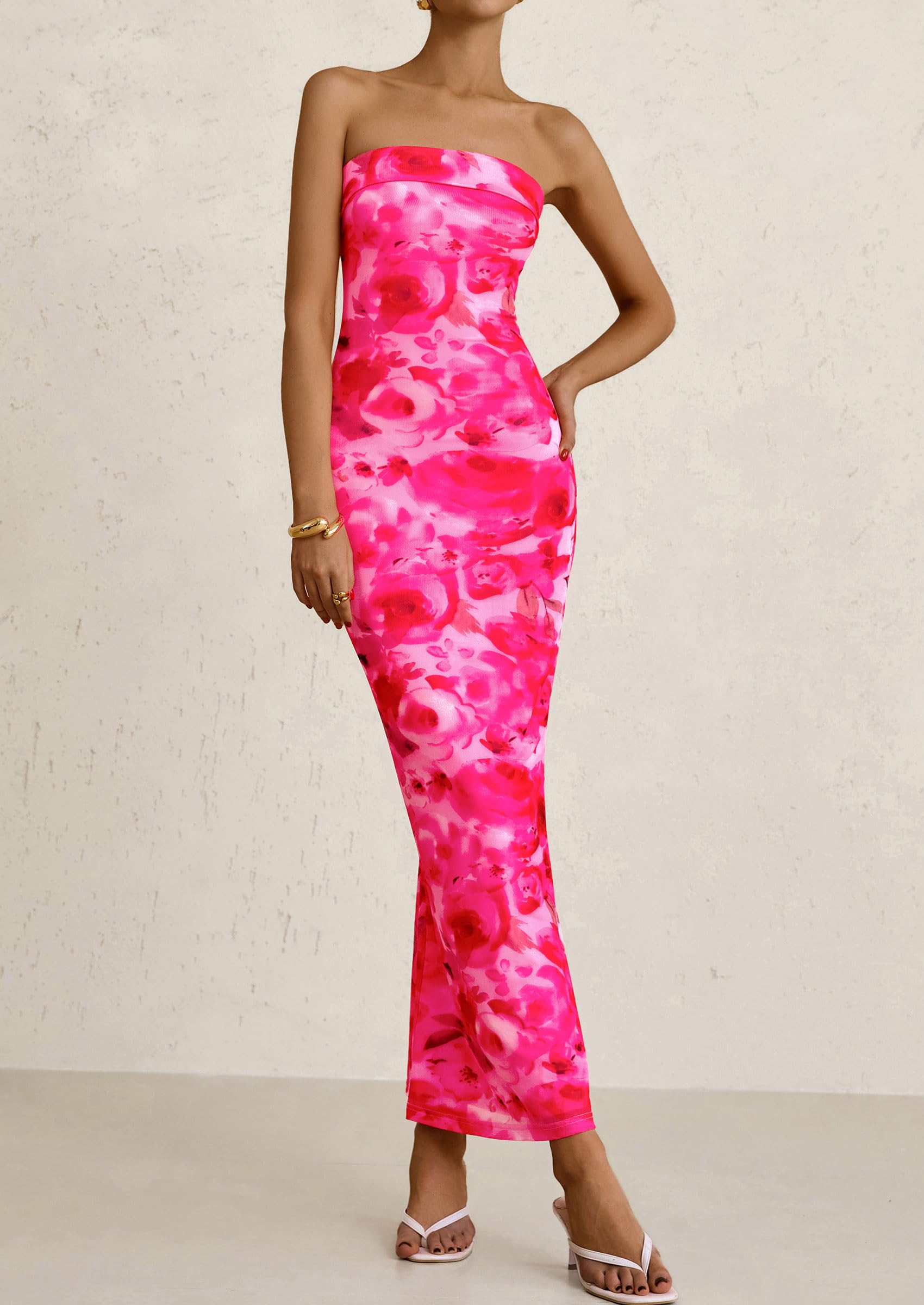 PRETTYGARDEN Womens Printed Tube Maxi Dress Strapless Bodycon Sleeveless Night Out Long Dresses