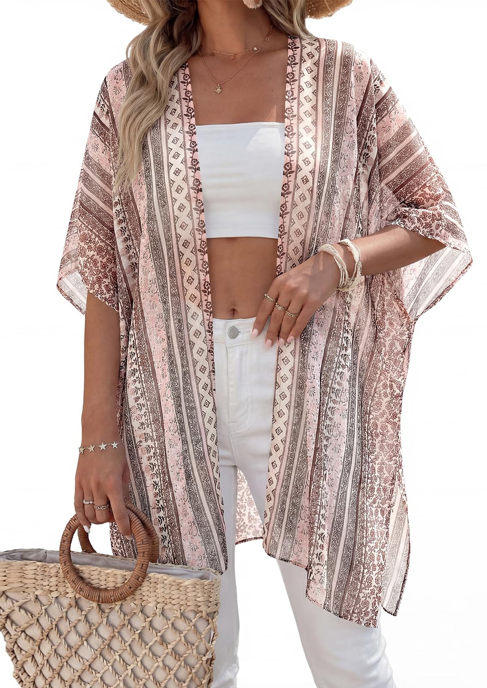 PRETTYGARDEN Summer Kimonos for Women Boho Floral Short Sleeve Kimono Cardigans Swimsuit Beach Cover Ups for Women Swimwear PRETTYGARDEN