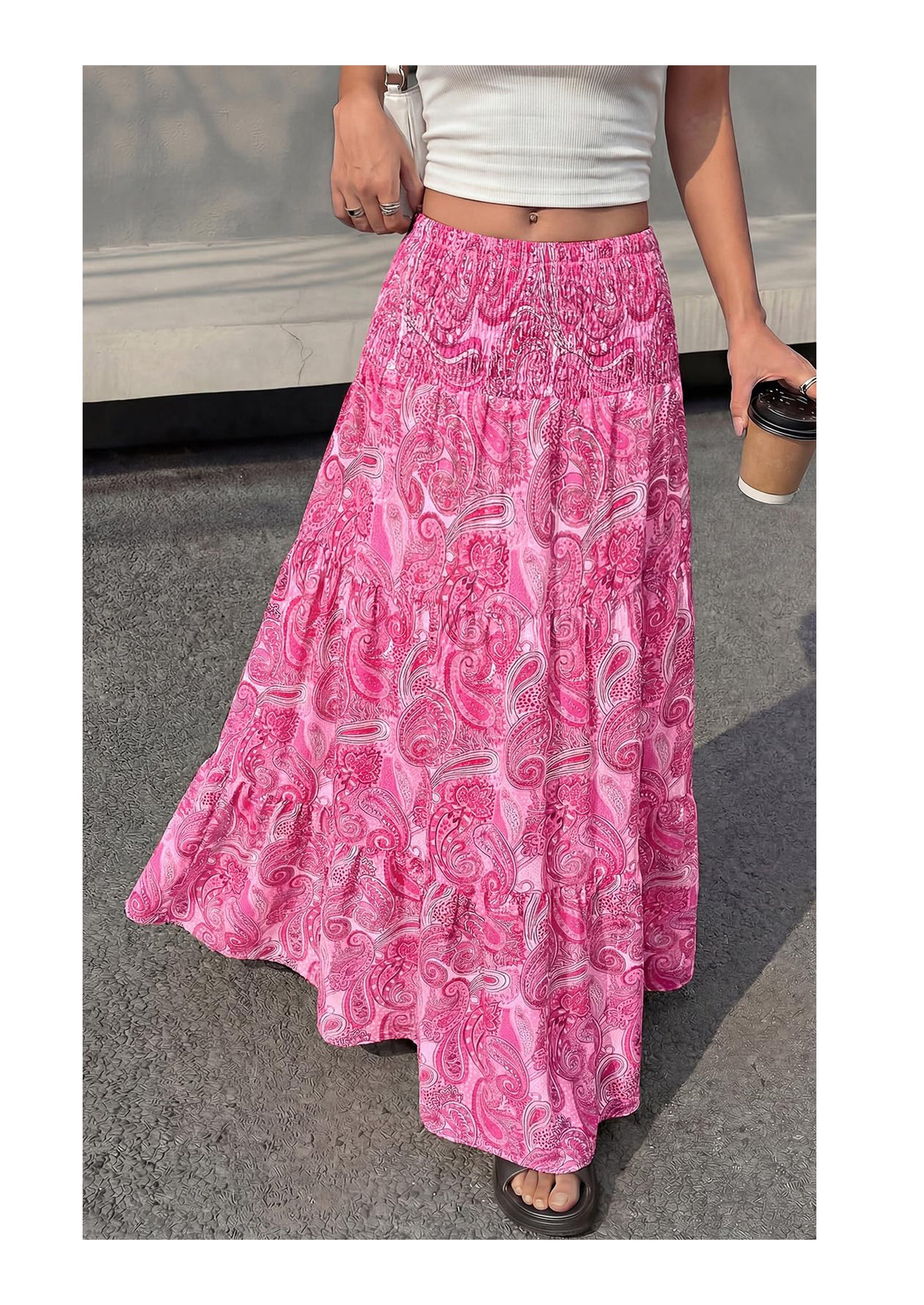PRETTYGARDEN Floral Summer Boho Maxi Skirts for Women Smocked Elastic Waist Pleated Tiered Vacation Flowy Long Skirt PRETTYGARDEN