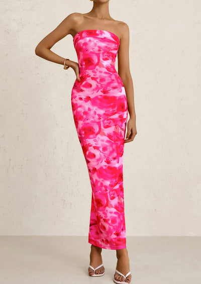 PRETTYGARDEN Womens Printed Tube Maxi Dress Strapless Bodycon Sleeveless Night Out Long Dresses