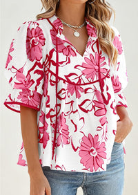 PRETTYGARDEN Womens Summer Tops Cute Puff Sleeve Ruffle V Neck Babydoll T-Shirts Boho Floral Spring Peplum Shirts PRETTYGARDEN