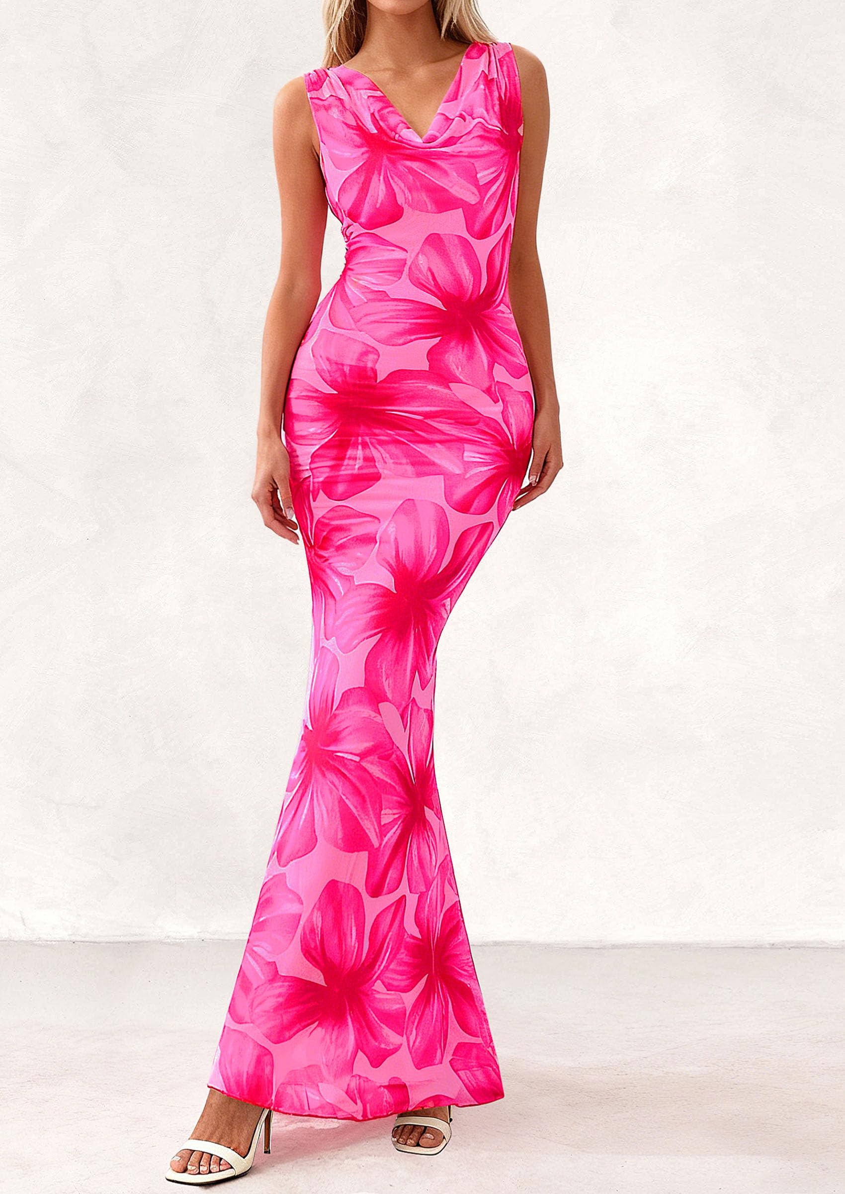 PRETTYGARDEN Women's Summer Cowl Neck Floral Maxi Dress Sleeveless Bodycon Beach Vacation Long Party Wedding Guest Dresses PRETTYGARDEN