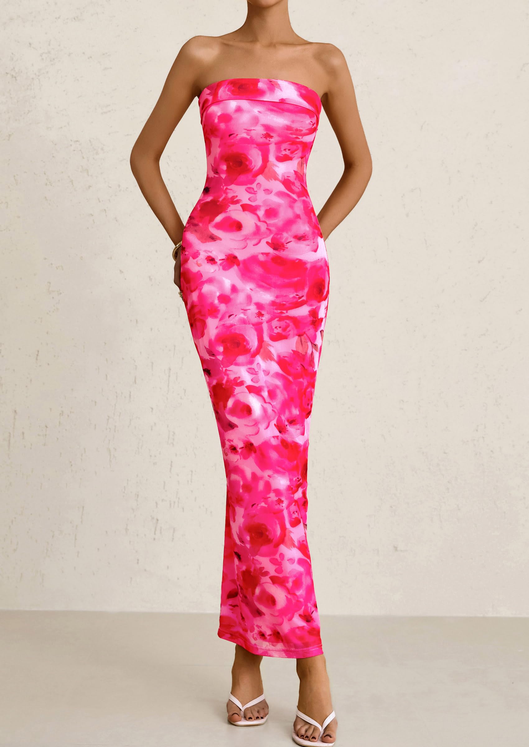 PRETTYGARDEN Womens Printed Tube Maxi Dress Strapless Bodycon Sleeveless Night Out Long Dresses