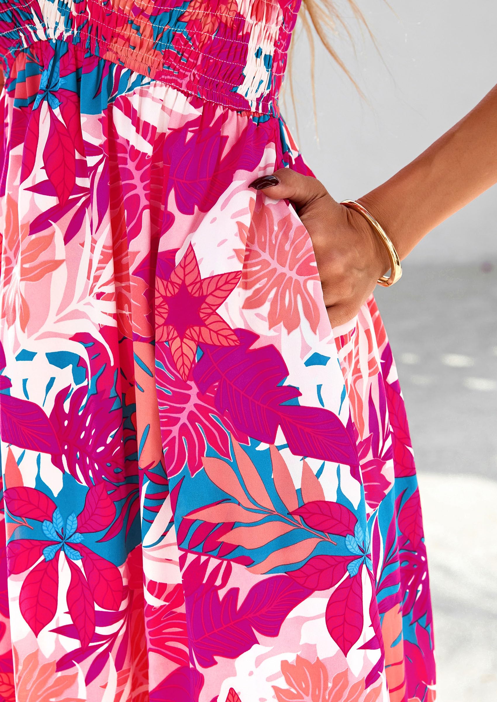 PRETTYGARDEN Women Floral Boho Maxi Dresses Short Sleeve V Neck Smocked A Line Long Flowy Beach Vacation Dress