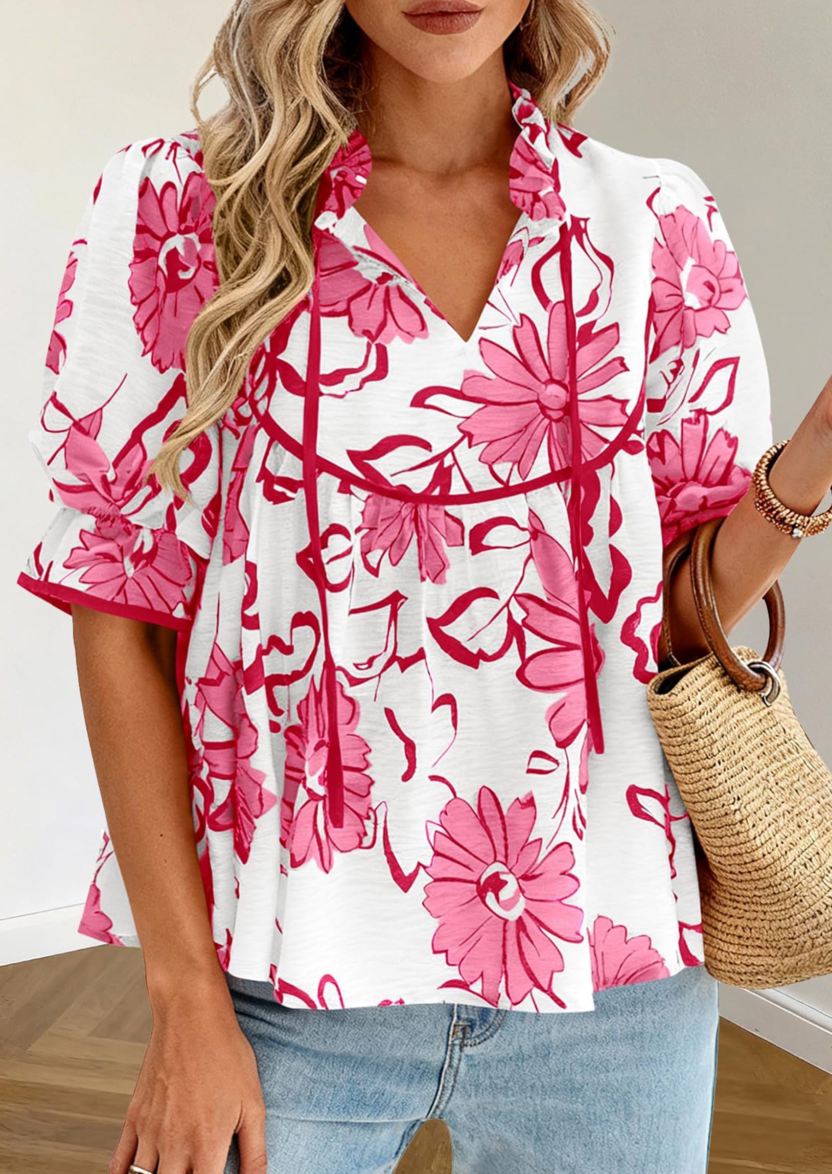 PRETTYGARDEN Womens Summer Tops Cute Puff Sleeve Ruffle V Neck Babydoll T-Shirts Boho Floral Spring Peplum Shirts PRETTYGARDEN