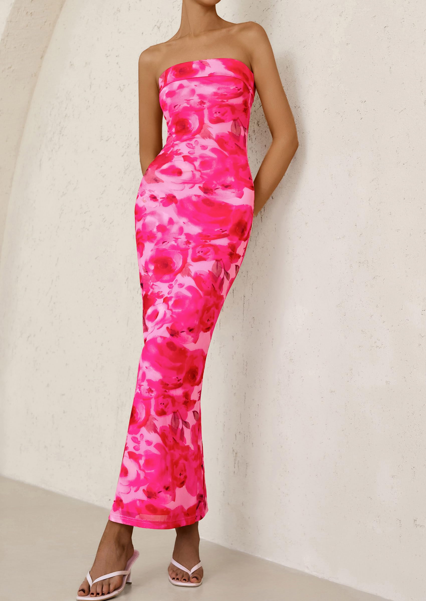 PRETTYGARDEN Womens Printed Tube Maxi Dress Strapless Bodycon Sleeveless Night Out Long Dresses