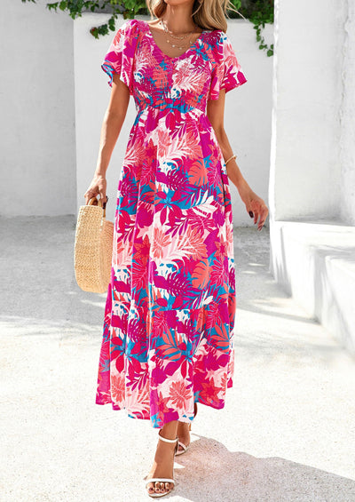 PRETTYGARDEN Women Floral Boho Maxi Dresses Short Sleeve V Neck Smocked A Line Long Flowy Beach Vacation Dress