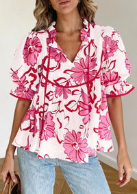 PRETTYGARDEN Womens Summer Tops Cute Puff Sleeve Ruffle V Neck Babydoll T-Shirts Boho Floral Spring Peplum Shirts PRETTYGARDEN