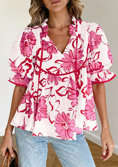 PRETTYGARDEN Womens Summer Tops Cute Puff Sleeve Ruffle V Neck Babydoll T-Shirts Boho Floral Spring Peplum Shirts PRETTYGARDEN