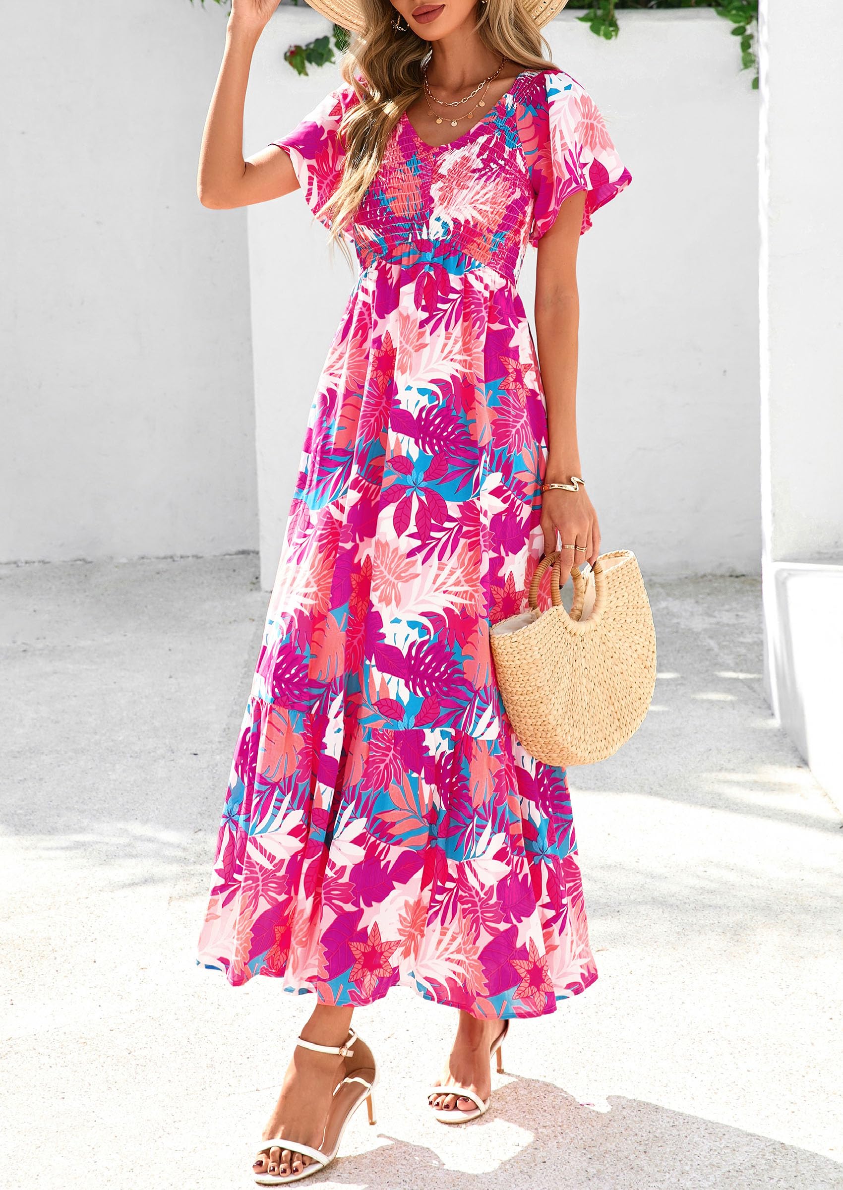 PRETTYGARDEN Women Floral Boho Maxi Dresses Short Sleeve V Neck Smocked A Line Long Flowy Beach Vacation Dress