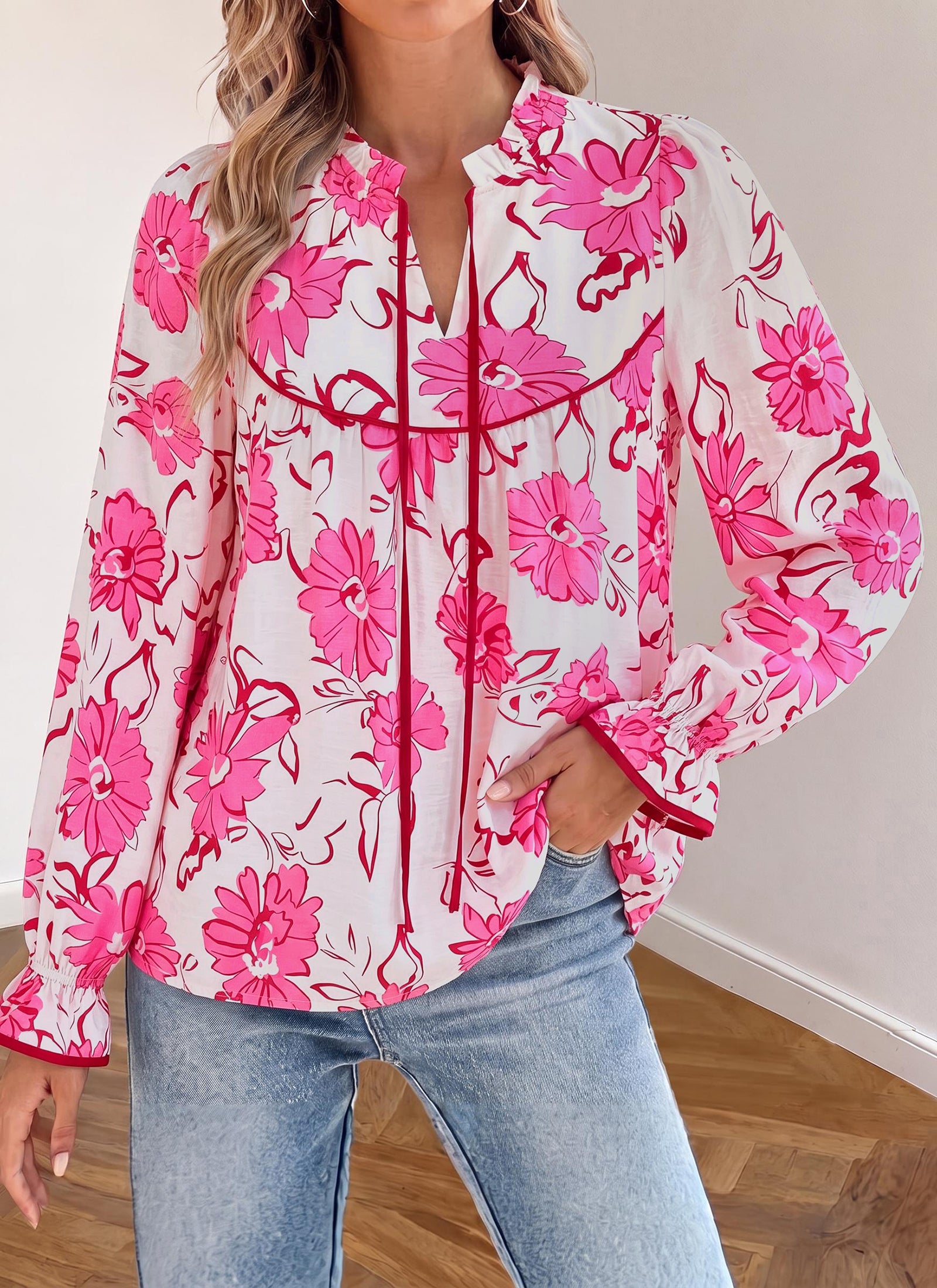 PRETTYGARDEN Women Boho Floral Babydoll Tunic Top