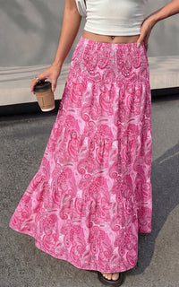 PRETTYGARDEN Floral Summer Boho Maxi Skirts for Women 2026 Smocked Elastic Waist Pleated Tiered Vacation Flowy Long Skirt PRETTYGARDEN