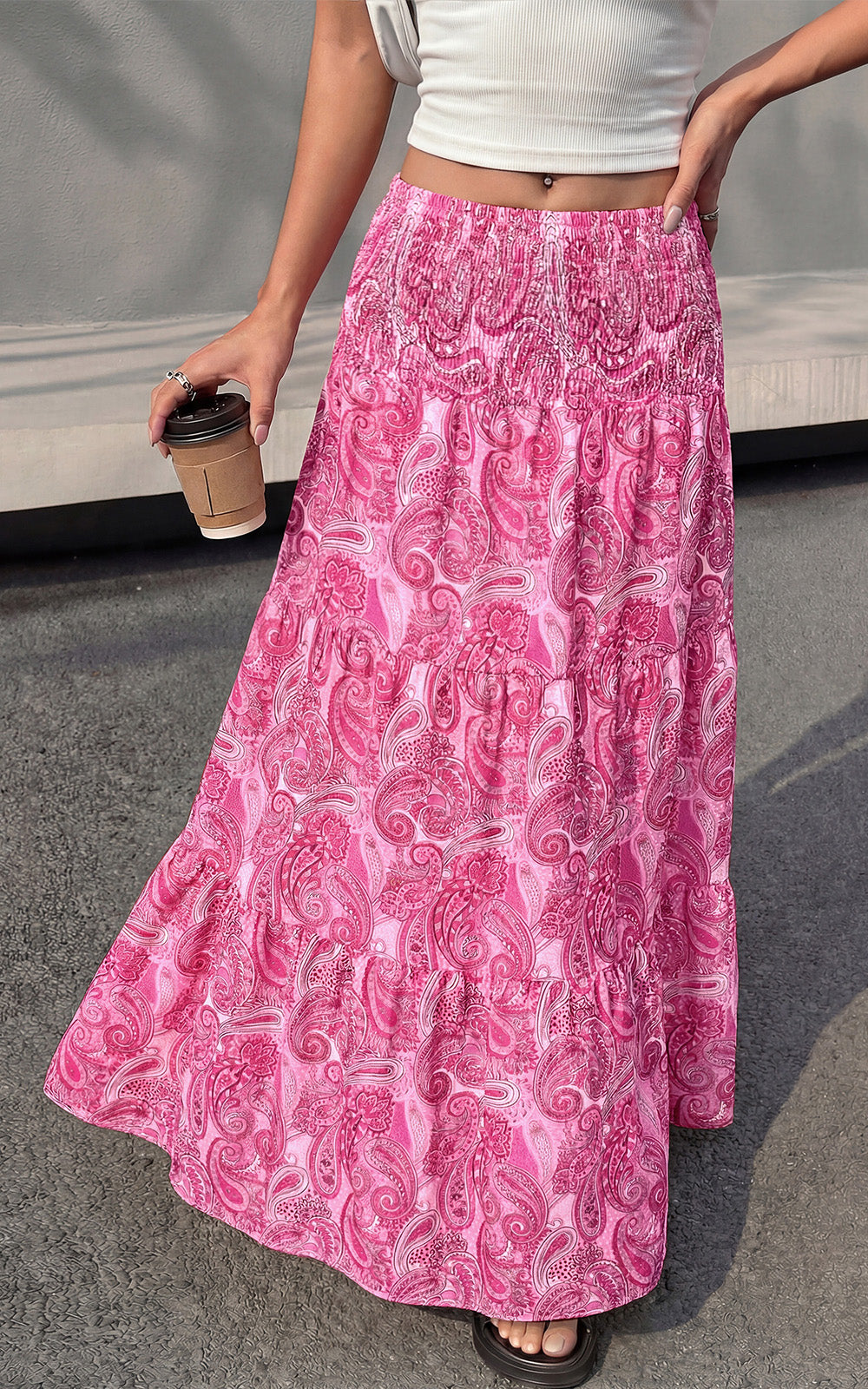 PRETTYGARDEN Floral Summer Boho Maxi Skirts for Women 2026 Smocked Elastic Waist Pleated Tiered Vacation Flowy Long Skirt PRETTYGARDEN