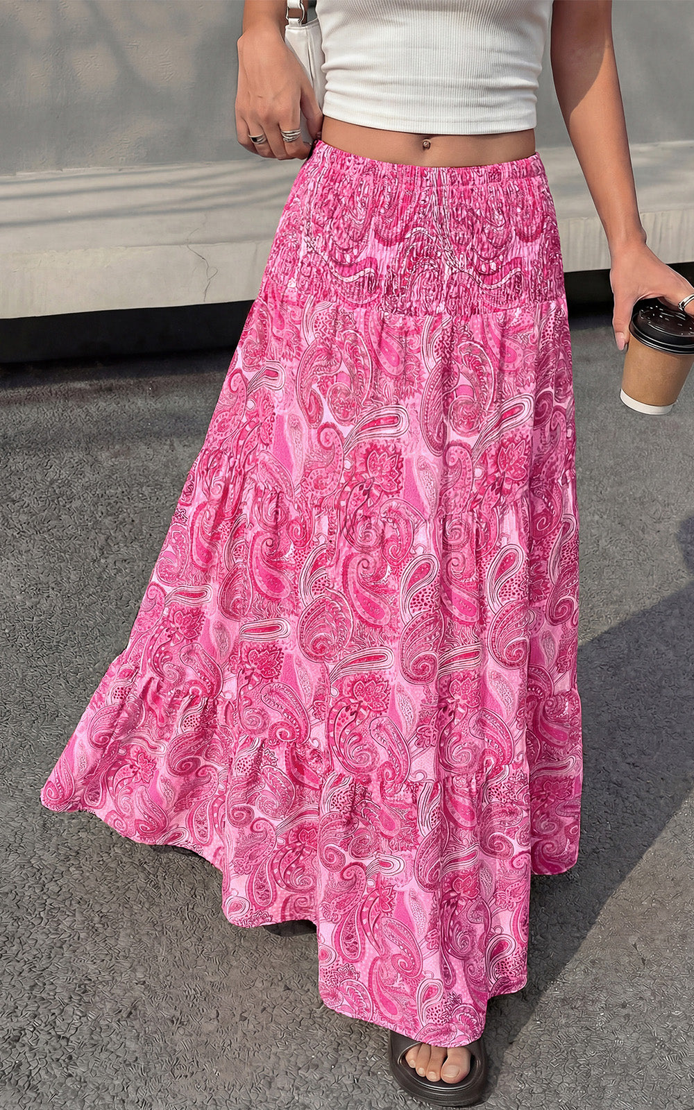 PRETTYGARDEN Floral Summer Boho Maxi Skirts for Women 2026 Smocked Elastic Waist Pleated Tiered Vacation Flowy Long Skirt PRETTYGARDEN