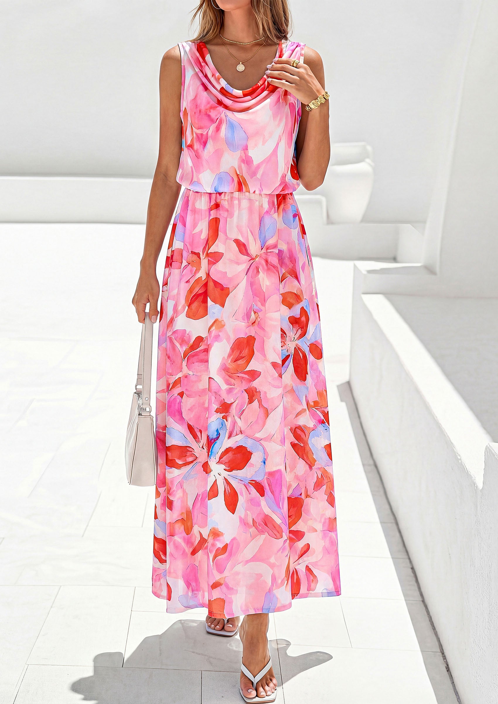 PRETTYGARDEN Womens Summer Floral Maxi Dresses Spring Sleeveless Cowl Neck Flowy Beach Vacation Wedding Guest Long Dress