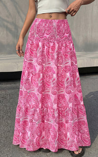 PRETTYGARDEN Floral Summer Boho Maxi Skirts for Women 2026 Smocked Elastic Waist Pleated Tiered Vacation Flowy Long Skirt PRETTYGARDEN