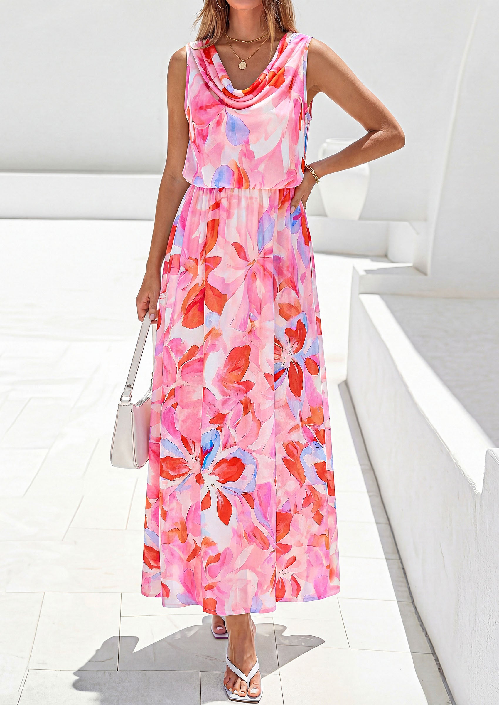 PRETTYGARDEN Womens Summer Floral Maxi Dresses Spring Sleeveless Cowl Neck Flowy Beach Vacation Wedding Guest Long Dress