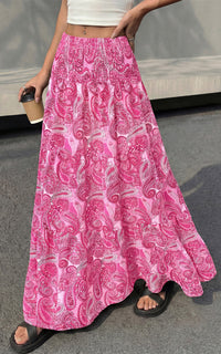 PRETTYGARDEN Floral Summer Boho Maxi Skirts for Women 2026 Smocked Elastic Waist Pleated Tiered Vacation Flowy Long Skirt PRETTYGARDEN