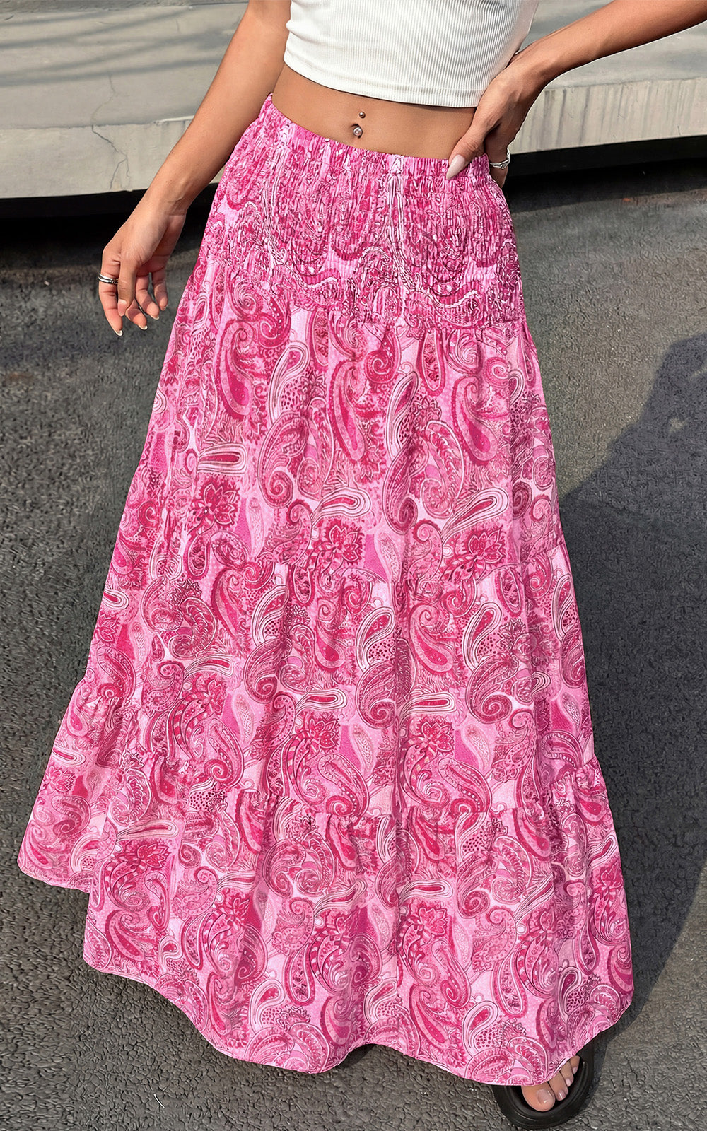 PRETTYGARDEN Floral Summer Boho Maxi Skirts for Women 2026 Smocked Elastic Waist Pleated Tiered Vacation Flowy Long Skirt PRETTYGARDEN