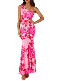 PRETTYGARDEN Womens Summer One Shoulder Maxi Dress Floral Sleeveless Bodycon Mesh Long Formal Wedding Guest Dresses PRETTYGARDEN