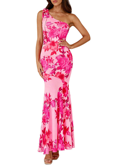 PRETTYGARDEN Womens Summer One Shoulder Maxi Dress Floral Sleeveless Bodycon Mesh Long Formal Wedding Guest Dresses PRETTYGARDEN