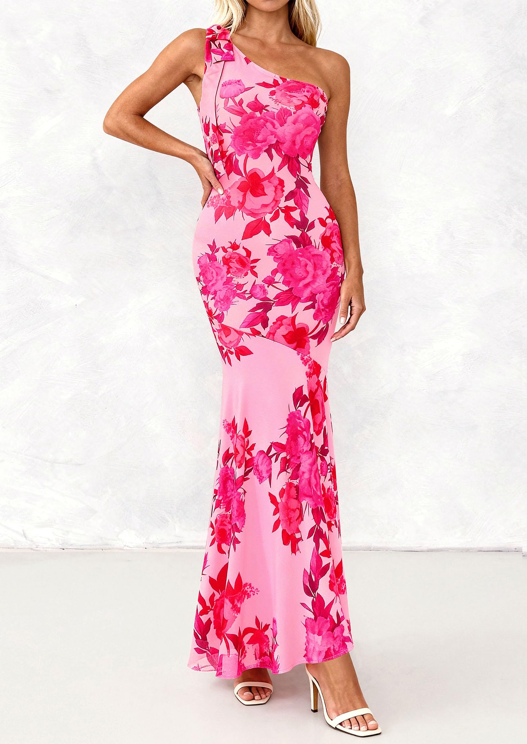 PRETTYGARDEN Womens Summer One Shoulder Maxi Dress Floral Sleeveless Bodycon Mesh Long Formal Wedding Guest Dresses PRETTYGARDEN