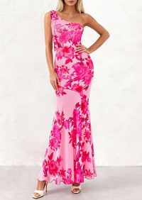 PRETTYGARDEN Womens Summer One Shoulder Maxi Dress Floral Sleeveless Bodycon Mesh Long Formal Wedding Guest Dresses PRETTYGARDEN