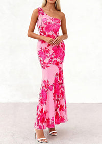 PRETTYGARDEN Womens Summer One Shoulder Maxi Dress Floral Sleeveless Bodycon Mesh Long Formal Wedding Guest Dresses PRETTYGARDEN