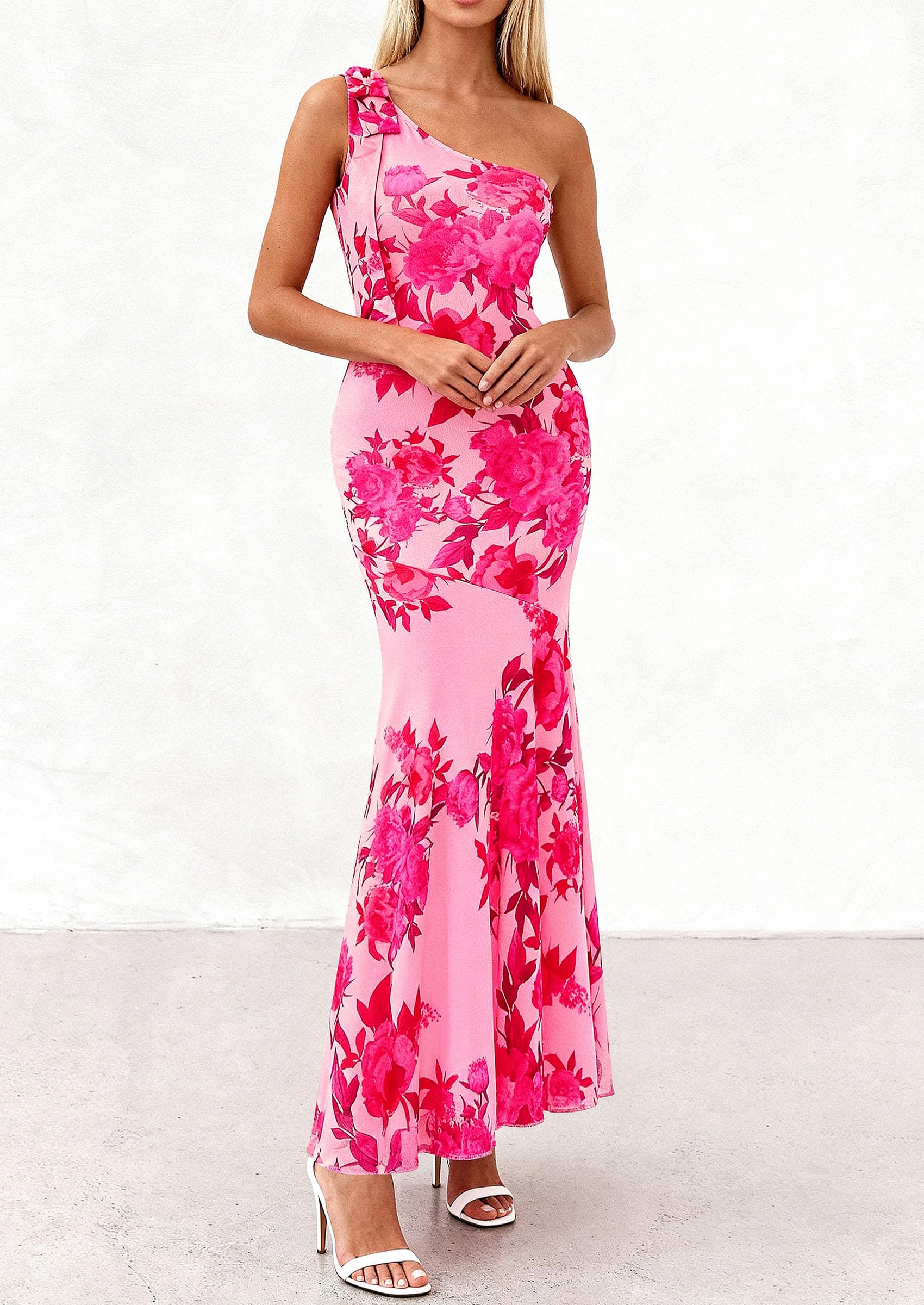 PRETTYGARDEN Womens Summer One Shoulder Maxi Dress Floral Sleeveless Bodycon Mesh Long Formal Wedding Guest Dresses PRETTYGARDEN